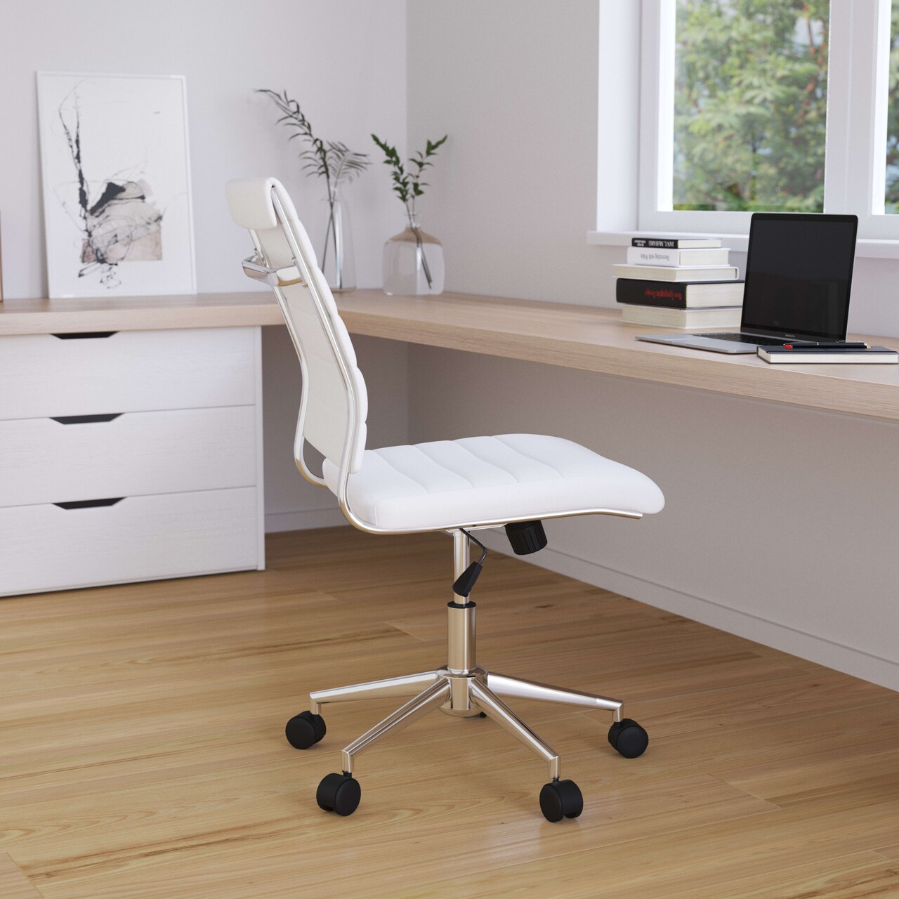 Merrick Lane Corrina Ergonomic Swivel Office Chair Ribbed Back and Seat Mid-Back Armless Computer Desk Chair with Metal Base